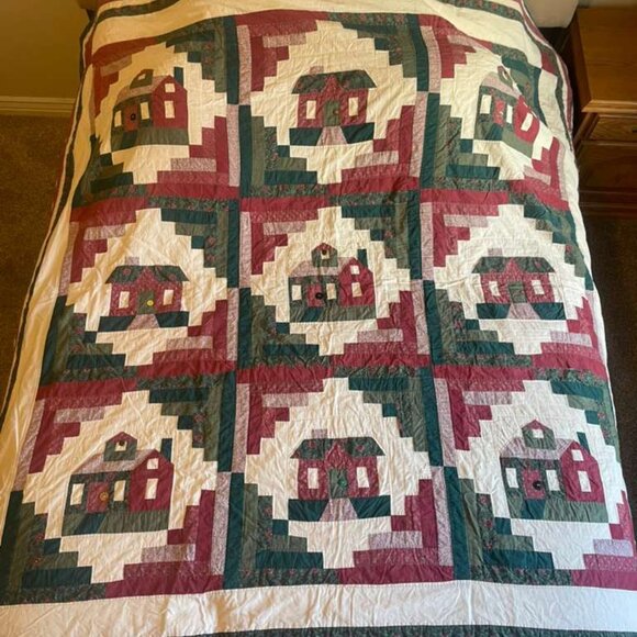 Handmade Patchwork Quilt – Log Cabin House Pattern with Button Details (79” x 79 - Picture 1 of 16